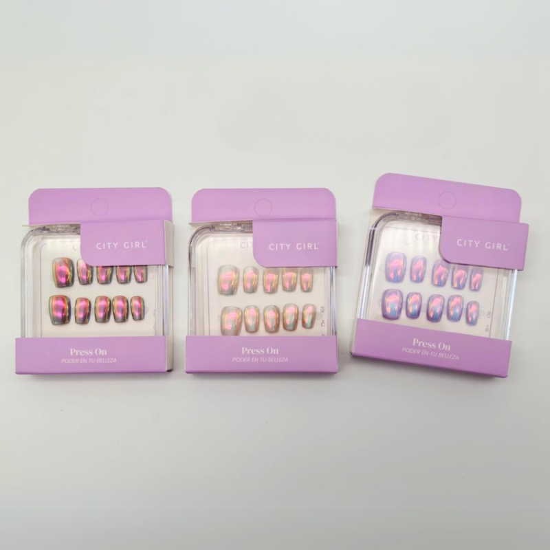 PRESS ON UÑAS POSTIZAS COFFIN CORTAS ESPEJADAS + OJO DE GATO - CITY GIRL