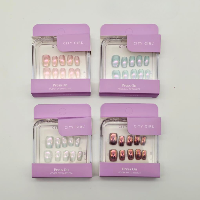 PRESS ON UÑAS POSTIZAS COFFIN CORTAS ESPEJADAS - CITY GIRL