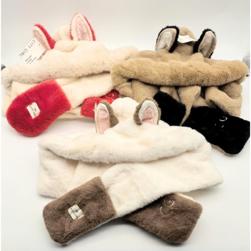 GORRO OREJITAS CON CUELLO Y GUANTES DE PELUCHE - CITY GIRL