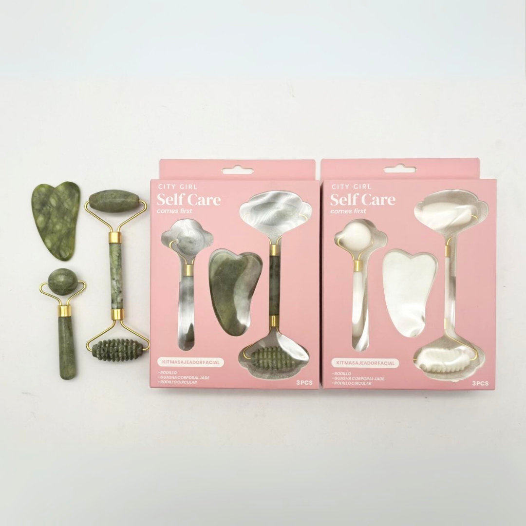 SET DE RODILLOS + GUA SHA DE PIEDRA JADE - CITY GIRL