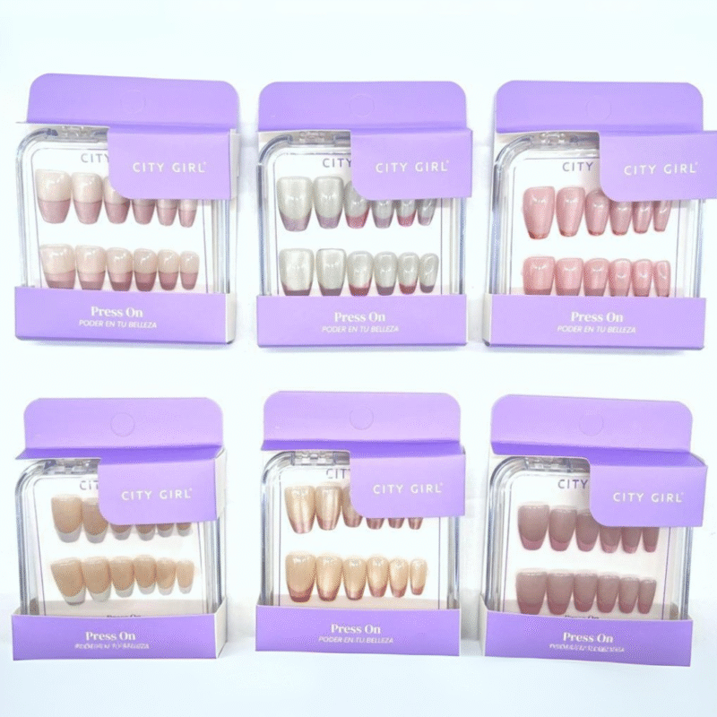 PAQ* 12U – PRESS ON UÑAS POSTIZAS COFFIN FRENCH + OJO DE GATO – CITY GIRL