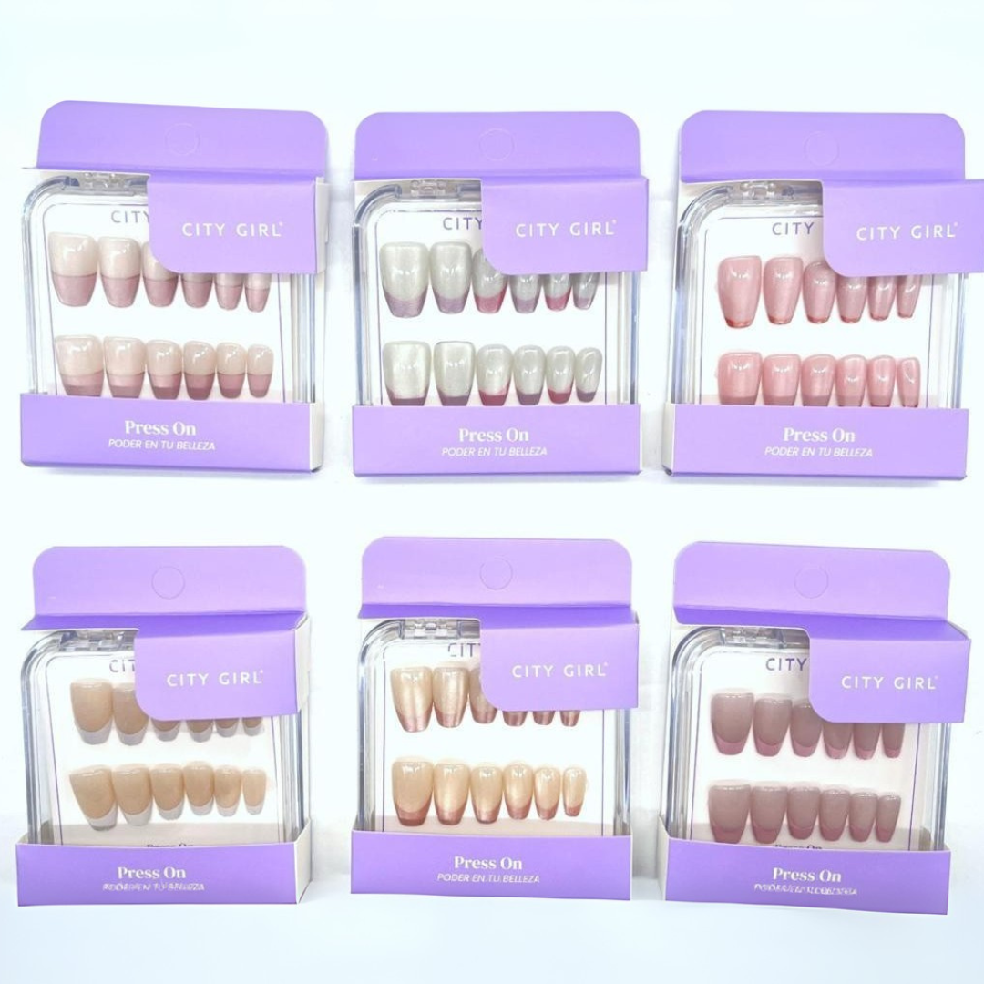 PAQ* 12U – PRESS ON UÑAS POSTIZAS COFFIN FRENCH + OJO DE GATO – CITY GIRL