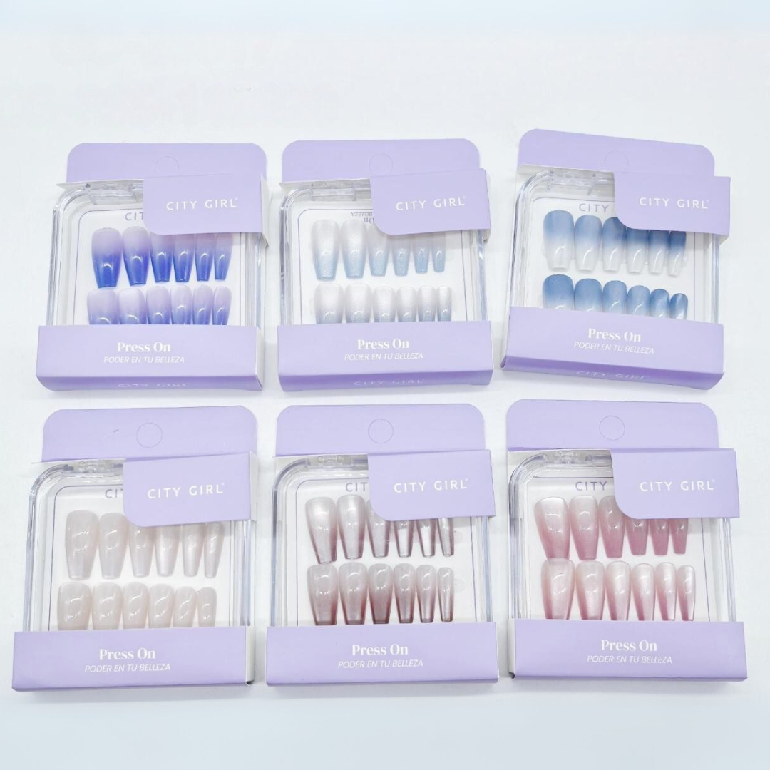PAQ* 12U – PRESS ON UÑAS POSTIZAS COFFIN + OJO DE GATO – CITY GIRL