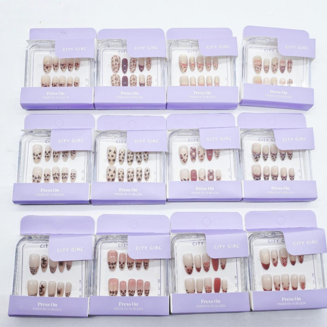 PAQ* 12U – PRESS ON UÑAS POSTIZAS ALMENDRA + ANIMAL PRINT – CITY GIRL
