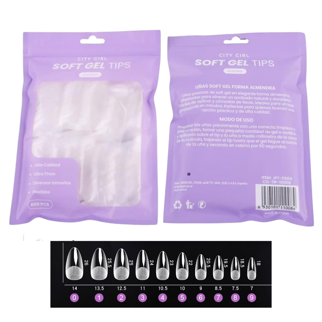 BOLSA TIPS SOFT GEL ALMENDRA 600PCS – CITY GIRL