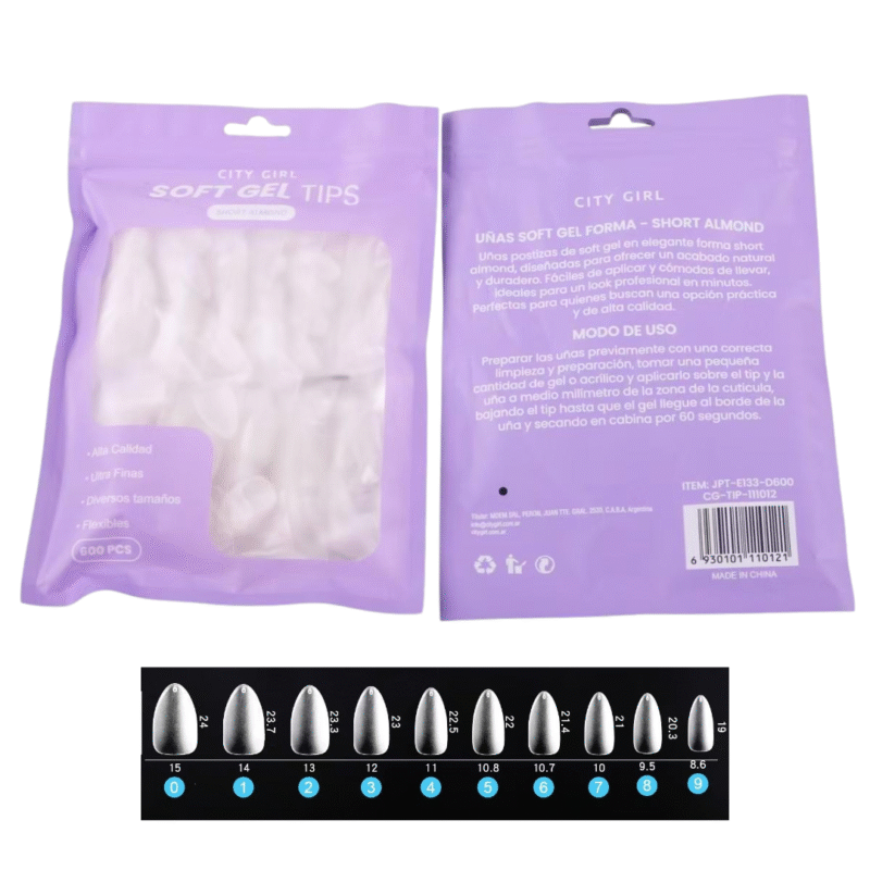 BOLSA TIPS SOFT GEL ALMENDRA CORTA 600PCS – CITY GIRL
