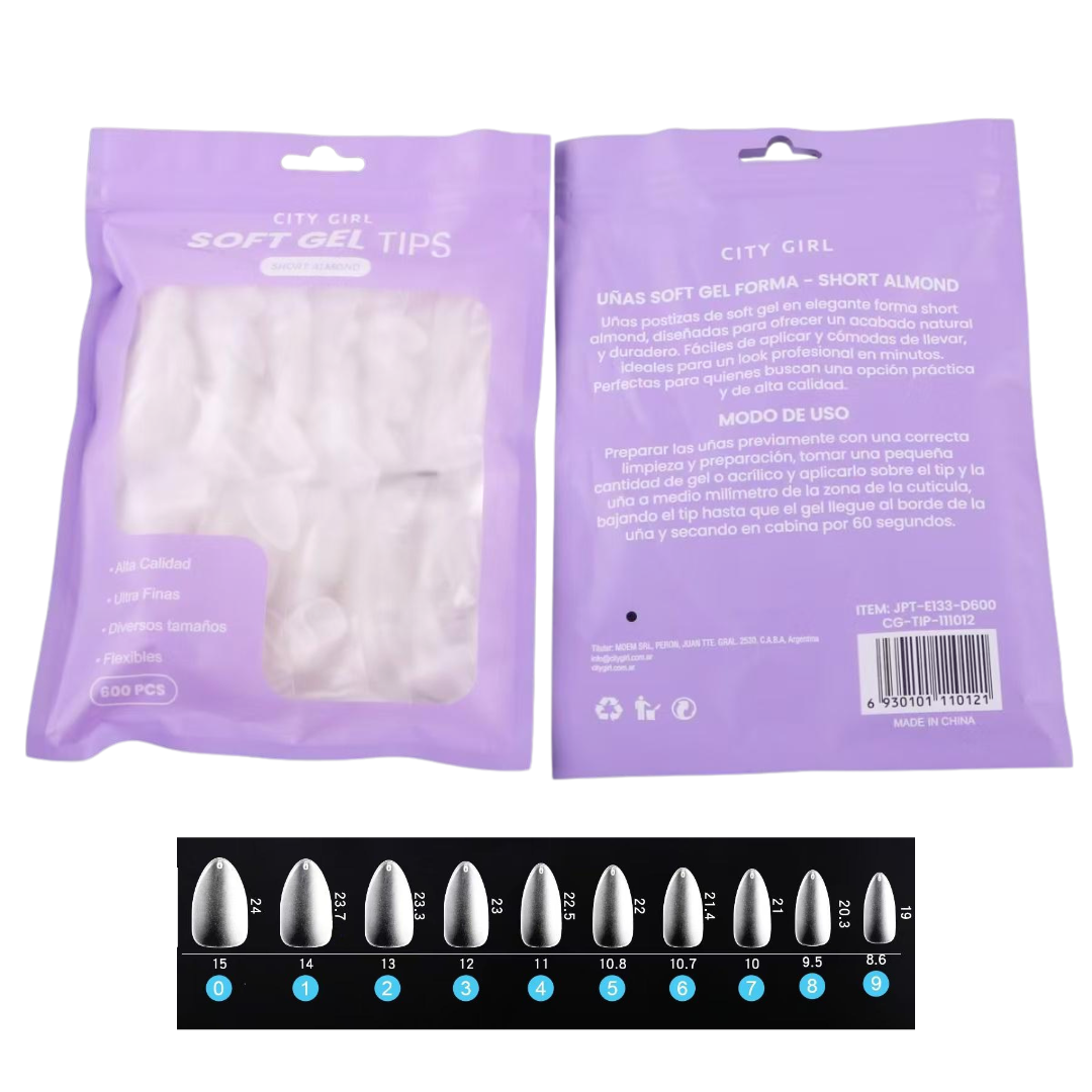 BOLSA TIPS SOFT GEL ALMENDRA CORTA 600PCS – CITY GIRL
