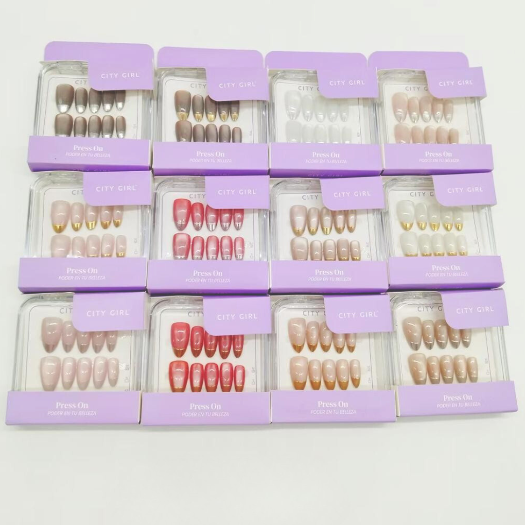 PAQ* 12U PRESS ON ALMENDRA + OJO DE GATO + FRENCH METALIZADA