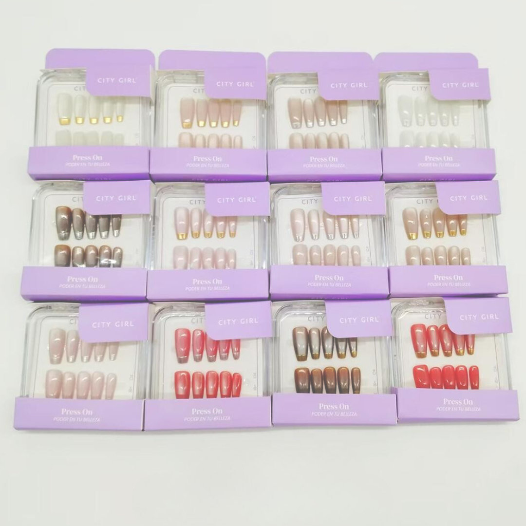 PAQ* 12U PRESS ON COFFIN LARGO + OJO DE GATO + FRENCH METALIZADA