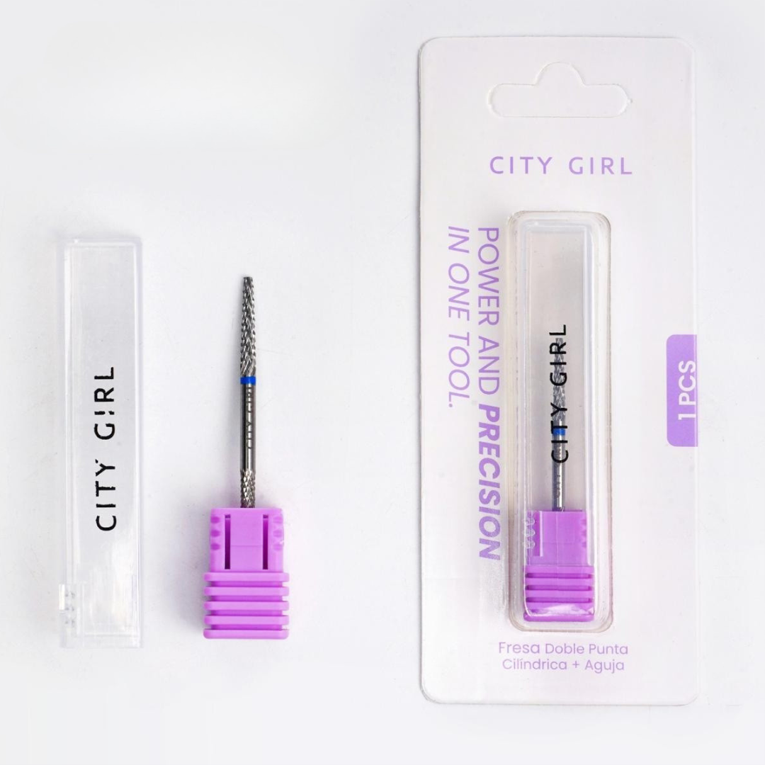 FRESA DOBLE PUNTA CILÍNDRICA + AGUJA DE CARBURO CINTA AZUL - CITY GIRL