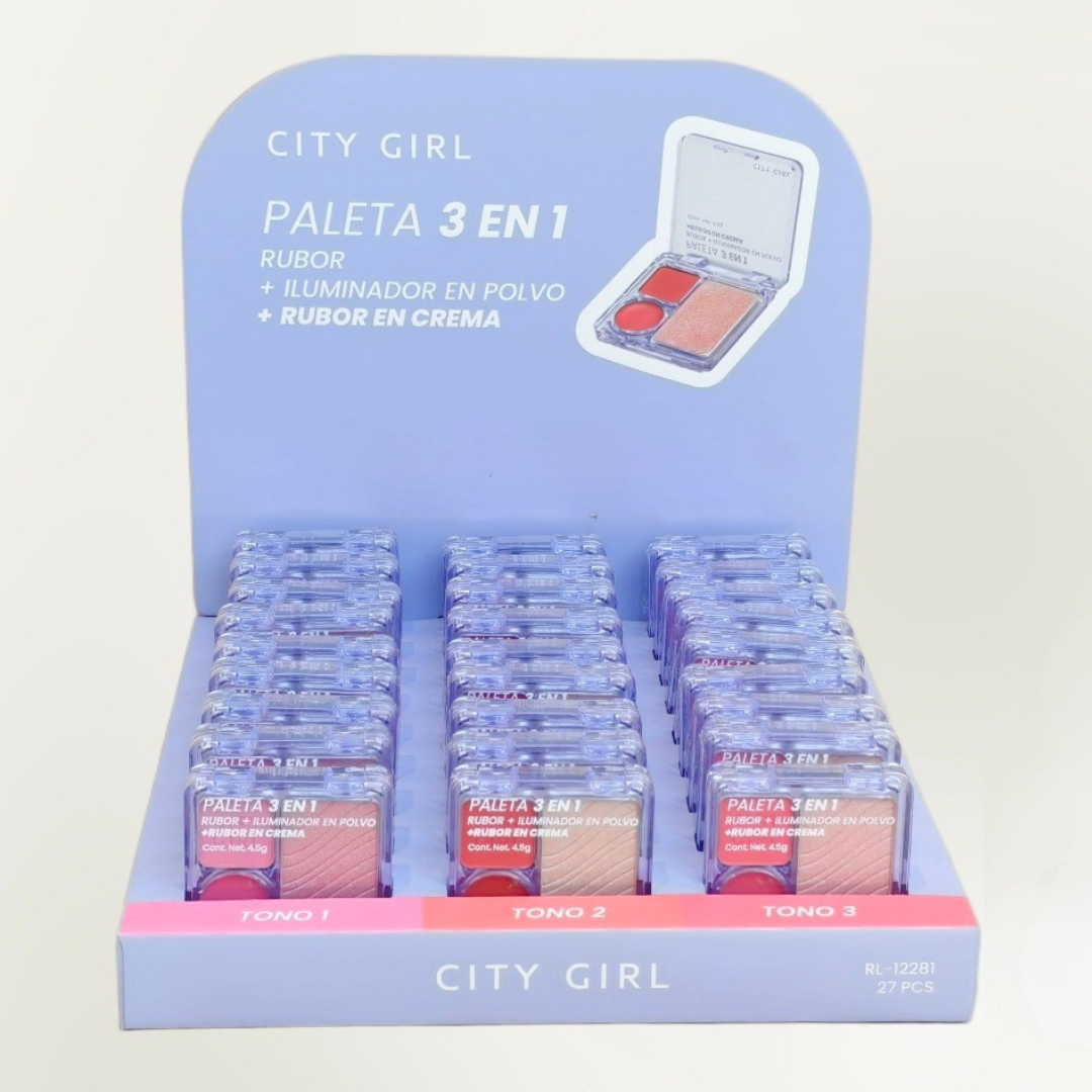 PALETA 3 EN1  RUBOR + ILUMINADOR EN POLVO + RUBOR EN CREMA - CITY GIRL