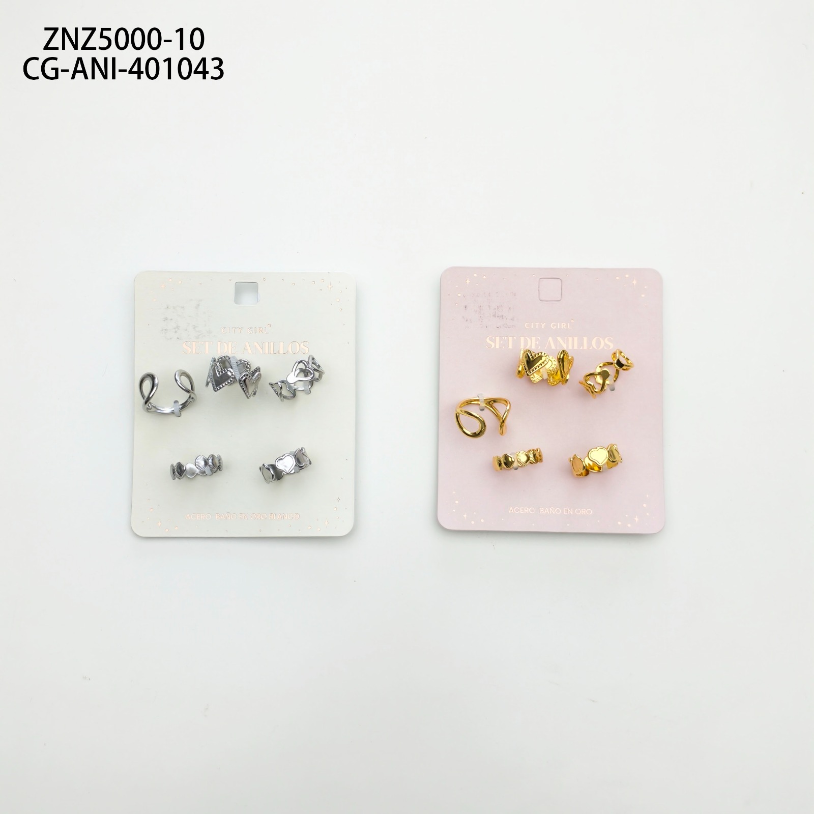 Set De Anillos De Acero Banado En Oro- City Girl
