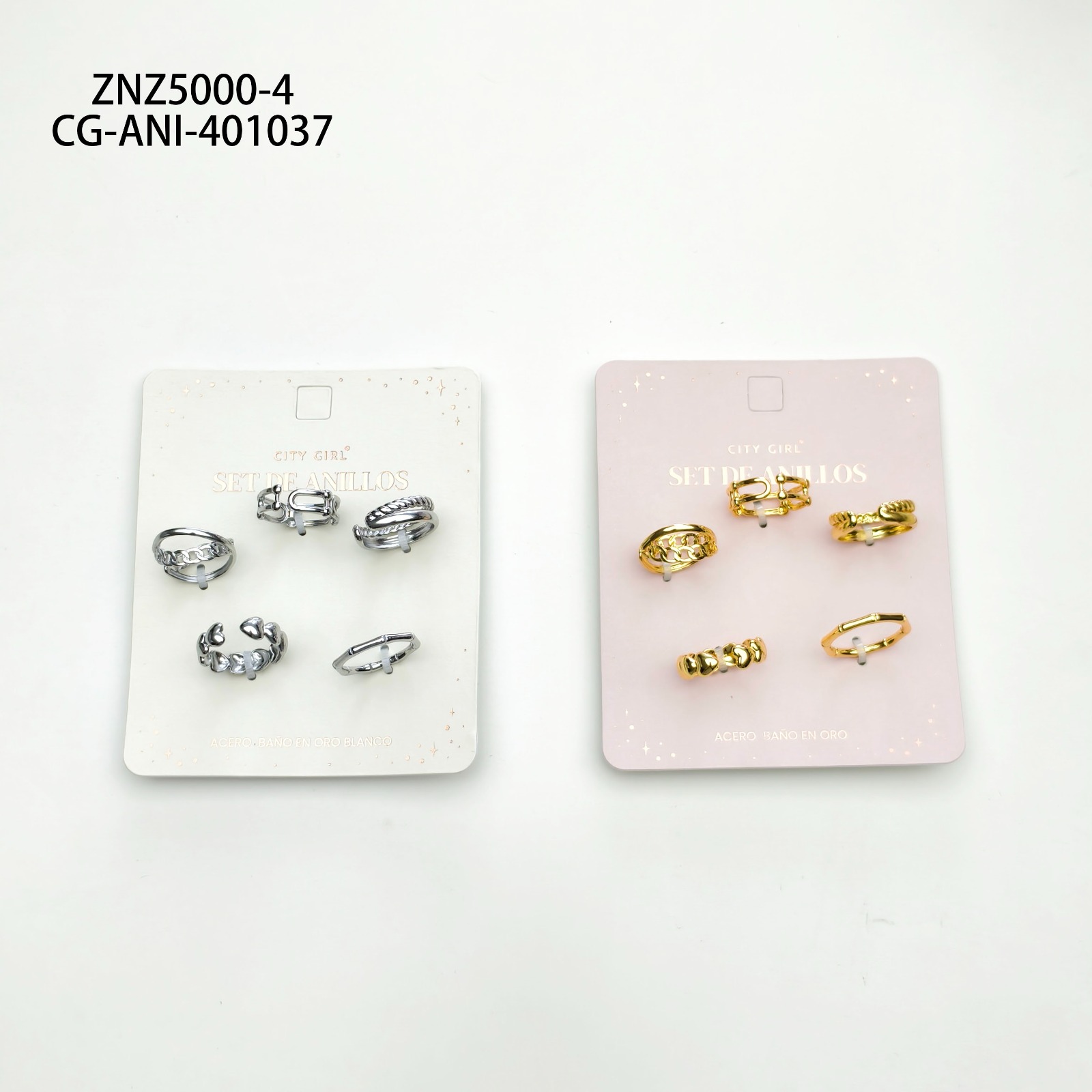 Set De Anillos De Acero Banado En Oro- City Girl