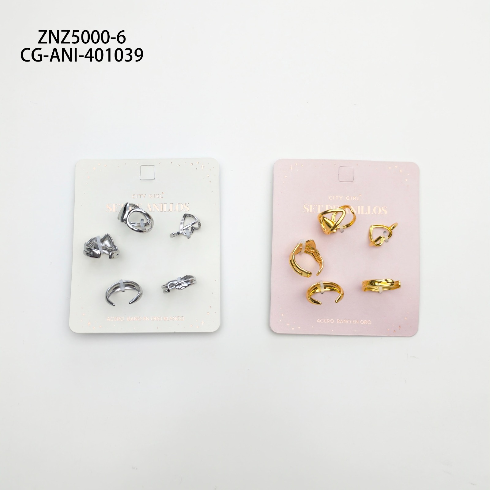 Set De Anillos De Acero Banado En Oro- City Girl