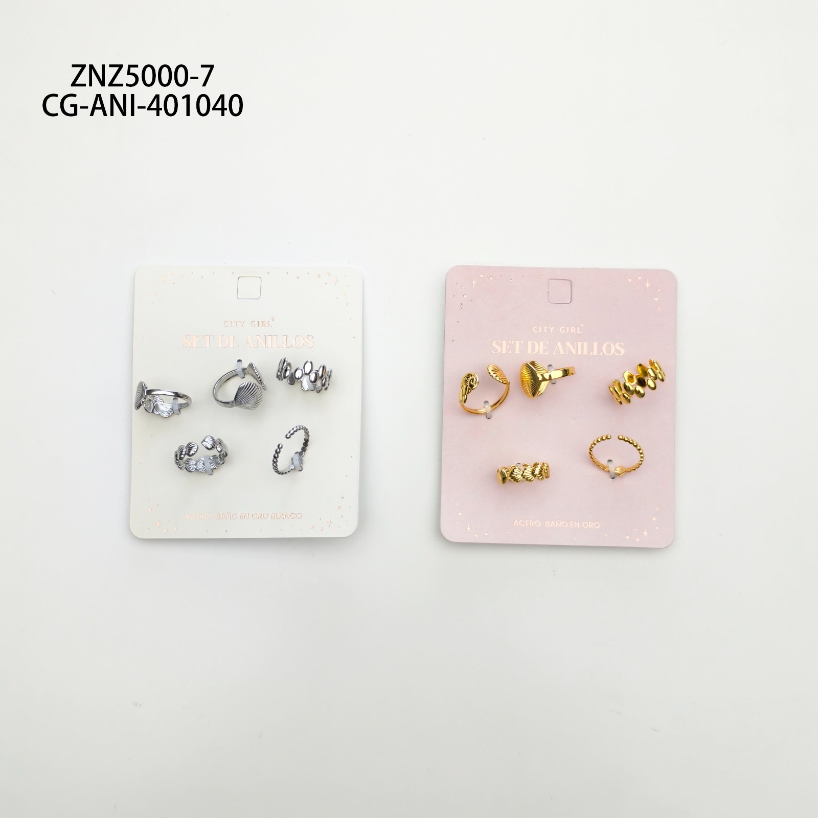 Set De Anillos De Acero Banado En Oro- City Girl