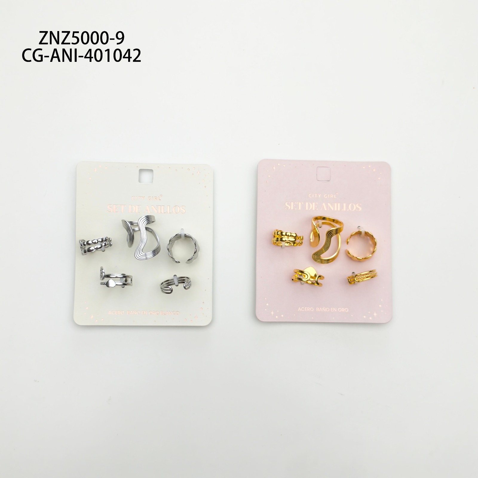 Set De Anillos De Acero Banado En Oro- City Girl
