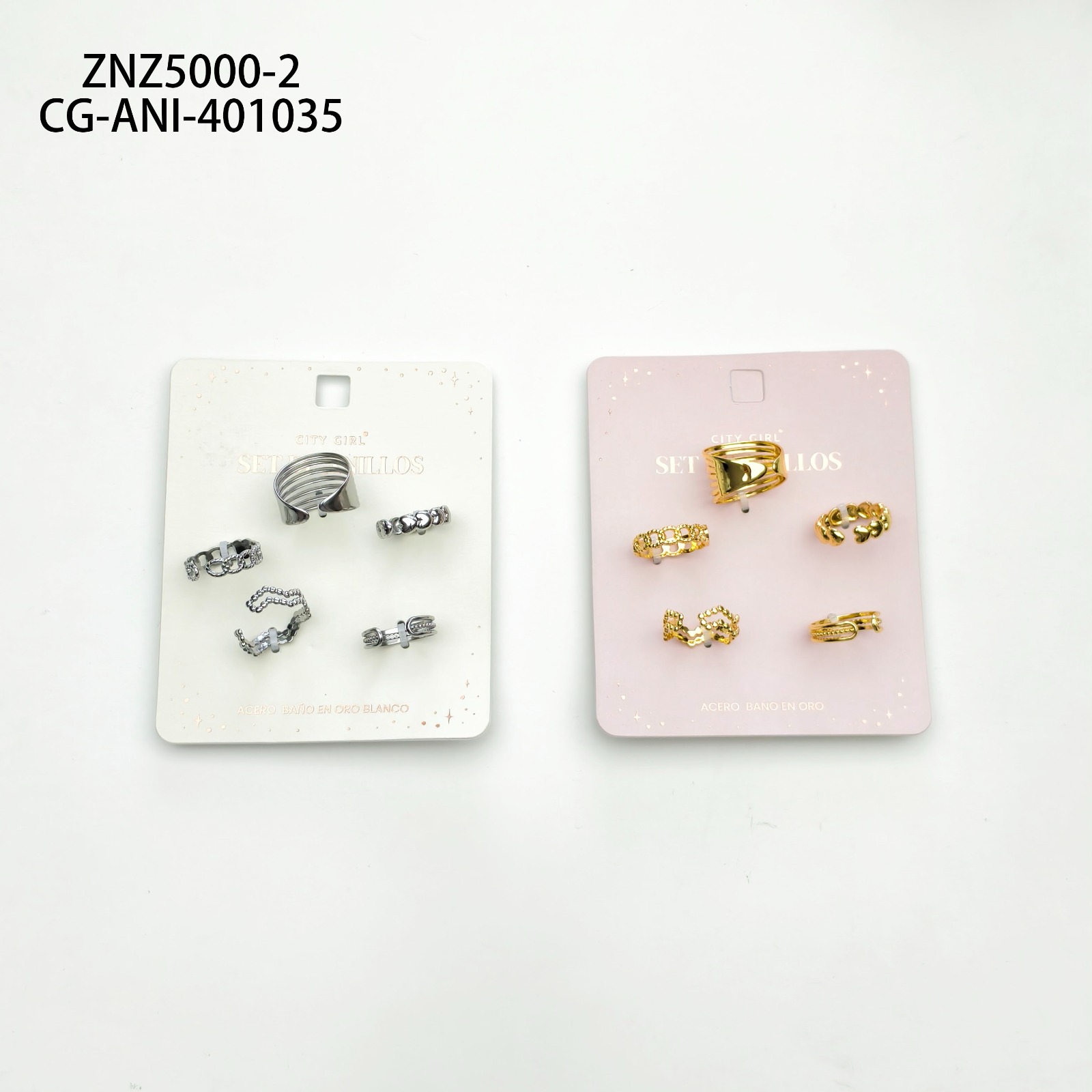 Set De Anillos De Acero Banado En Oro- City Girl